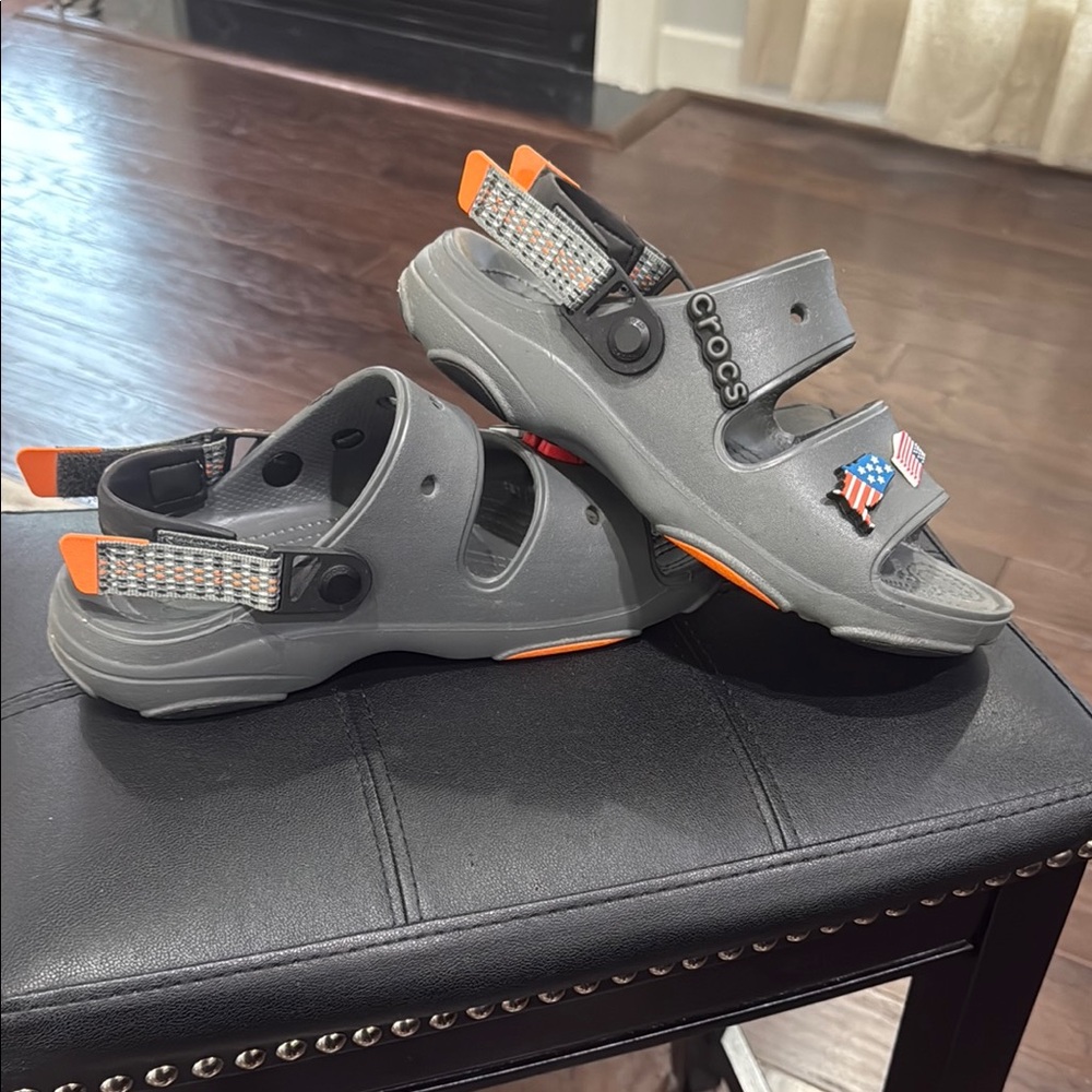 Crocs Gray Sandals with Orange Accents